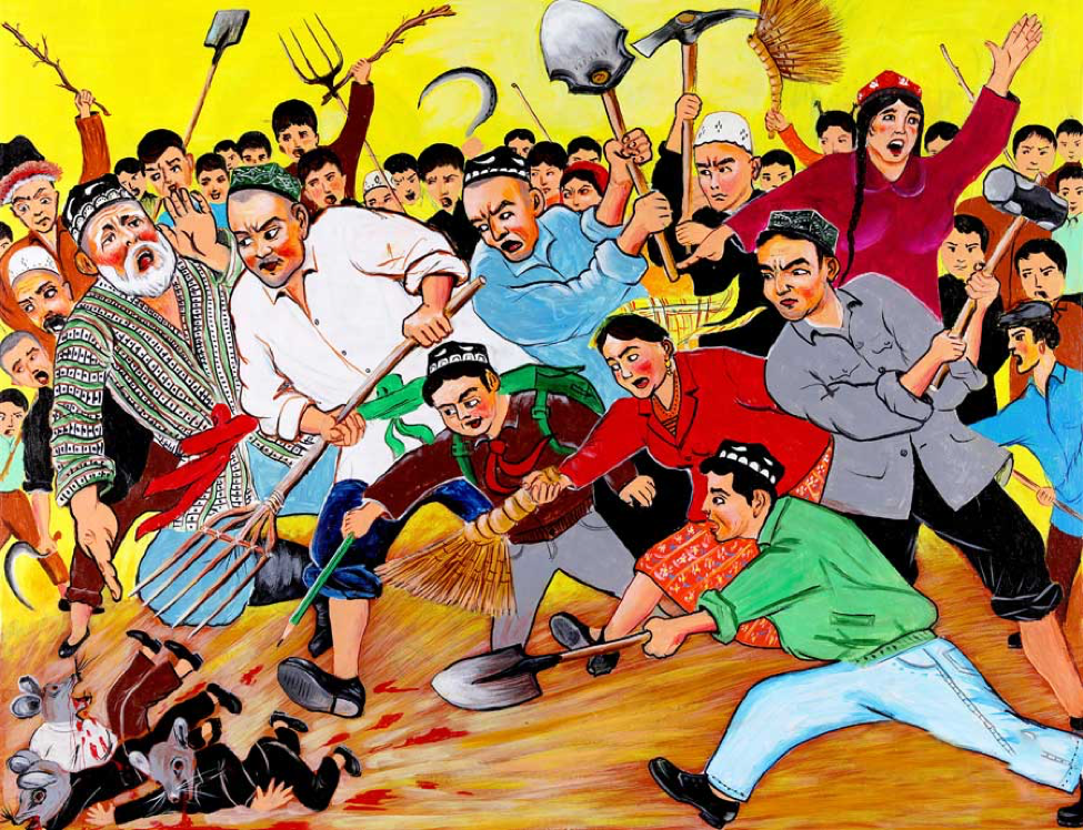 An award-winning Uyghur farmer painting that responds to the Chinese President Xi Jinping’s 2014 call for the Uyghur masses to slaughter Uyghurs suspected of terrorism like vermin.